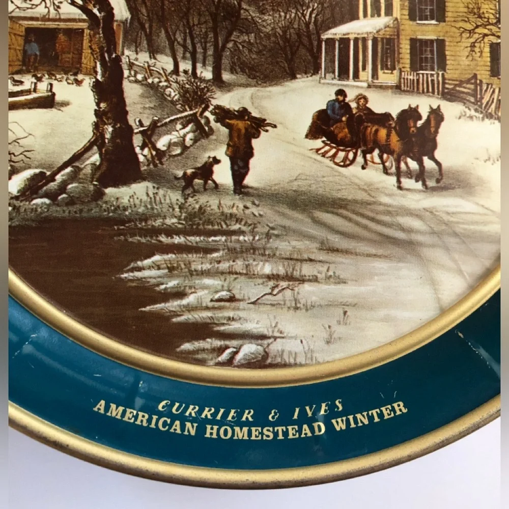 Currier & Ives 'American Homestead Winter' Decorative tin - Teal & Gold